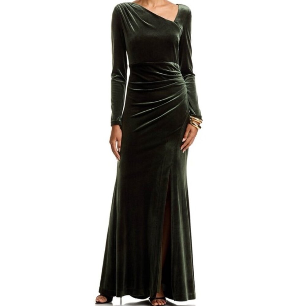 Eliza J asymmetrical neck gown -Olive -Size 6